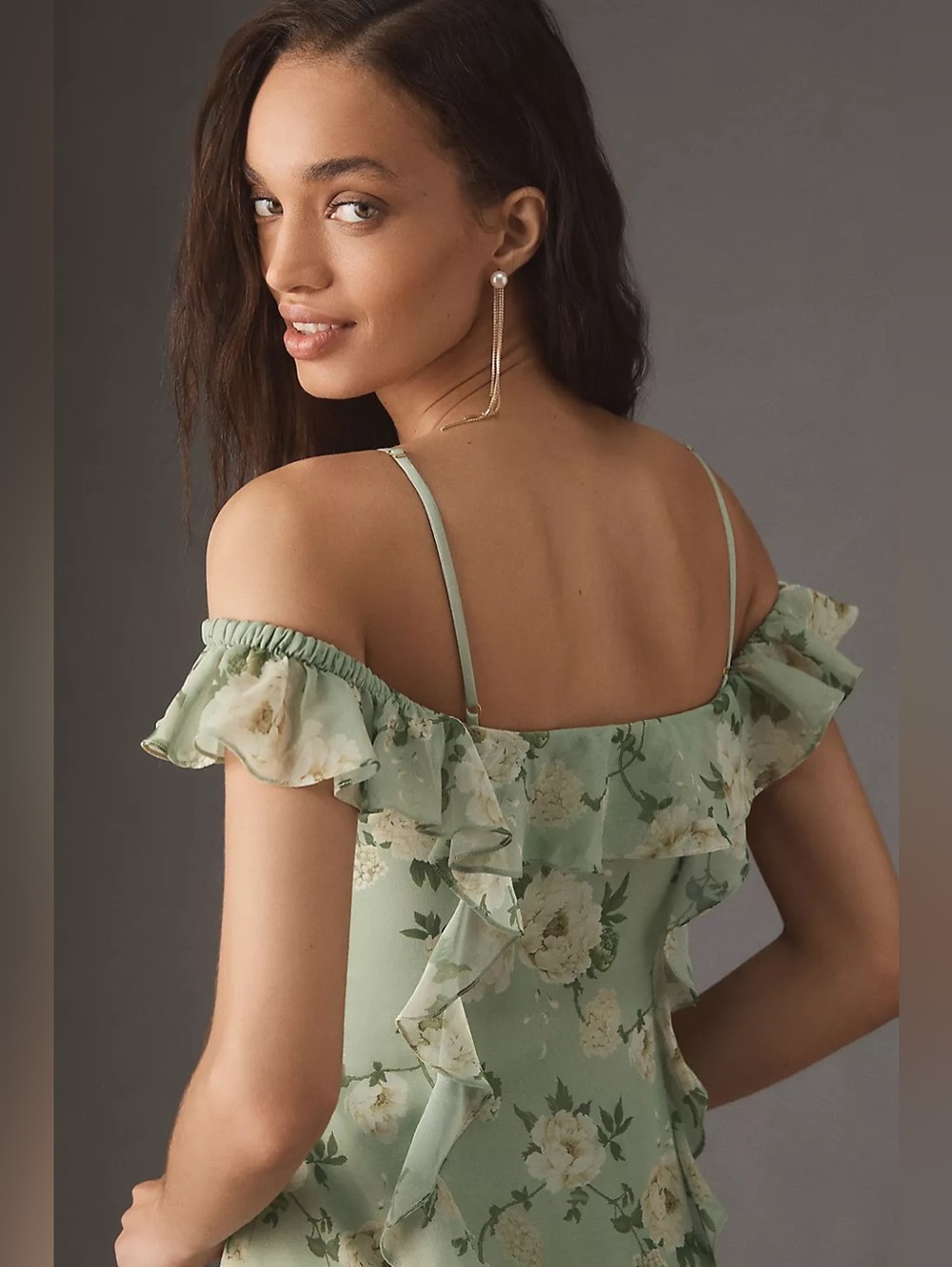 Dreamy Anthropologie BHLDN Off-Shoulder Ruffled Green Chiffon Maxi Dress XXS - Picture 11 of 12